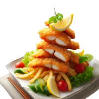 Fish fillet with vegetables and lemon on a plate on transparent background png