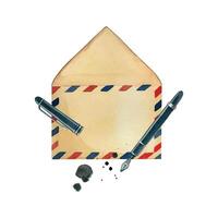 Watercolor illustration. An envelope with blue and red stripes, a fountain pen and drops of ink, hand painted with watercolors. Vintage card, retro design element, scrapbooking, for printing vector