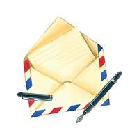 An open envelope with a letter and a pen for writing, hand drawn in watercolor. Watercolor illustration of a postal letter made from hand-painted kraft paper. Vintage card, retro design element vector