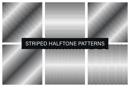 Collection of seamless striped halftone patterns. Black and white monochrome backgrounds with lines. Minimalistic fabric prints vector