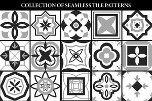 Collection of seamless geometric mosaic patterns - black and white tile textures. Decorative ornamental monochrome backgrounds. repeatable tileable prints vector