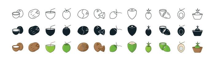 A set of minimal icon set of organic coconut with line, field, and illustration variants vector