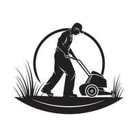 Man with Lawn Mower Isolated on White Background. Isolated Lawn Mowing Cutting Grass vector
