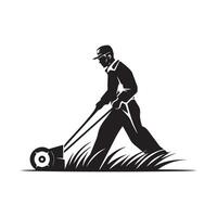 Man with Lawn Mower Isolated on White Background. Isolated Lawn Mowing Cutting Grass vector