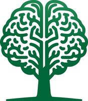 A set of green logos featuring brain-shaped trees with roots and leaves vector