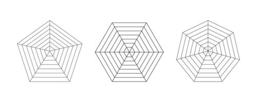 Pentagon, hexagon, heptagon radar, spider diagram template. Spider mesh. Polygon graph. Diagram for statistic and analytic. Blank radar chart. Simple coaching tool. Grid with segments. vector