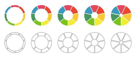 Donut charts set, pies segmented on 7 equal parts. Diagrams infographic multicolored collection. Wheels divided in seven sections. Circle section graph. Pie, pizza chart round icons. Loading bar. vector