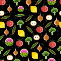 seamless pattern of colorful stylized icons of vegetables and fruits of various shapes and sizes vector