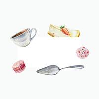 Cakes frame watercolor. Cheesecake, cup, macaron, pastry spatula. Template for inserting text. for cafe, bakery menu design, banners, posters, promotions announcements. vector