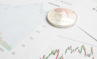 Bitcoin coin is on background of stock chart photo