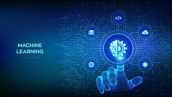 Machine learning. AI Artificial Intelligence. Deep learning. Big Data, neural network. Background with circuit board connections and tech icons. Wireframe hand pressing button. Illustration. vector
