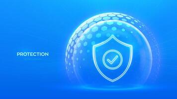 Protection. Healthcare. Insurance. Cyber security. Network safety. Protection shield with Check mark icon inside transparent sphere shield with hexagon pattern on blue background. illustration. vector