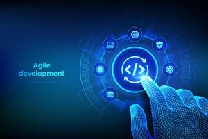 Devops. Agile development and optimisation concept on virtual screen. Software engineering. Software development practices methodology. Wireframe hand touching digital interface. illustration. vector
