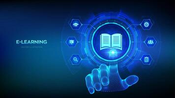 E-learning. Innovative online education and internet technology concept. Webinar, teaching, online training courses. Skill development. Wireframe hand touching digital interface. illustration. vector