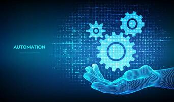 Automation and IOT software concept. Gears icons made with binary code in wireframe hand. Digital binary data and streaming digital code. Matrix background with digits 1.0. Illustration. vector