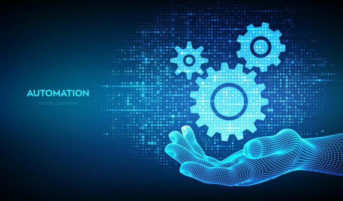 Automation and IOT software concept. Gears icons made with binary code in wireframe hand. Digital binary data and streaming digital code. Matrix background with digits 1.0. Illustration.