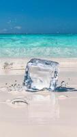 Turquoise beach with melting ice cube reflects on shimmering water surface Vertical Mobile Wallpaper photo