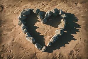 Heart shaped rock formation on beach, illuminated by sun, radiates romantic ambiance photo