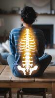 Person on wood table with glowing spine and pelvic digital representation, cozy room Vertical Mobile Wallpaper photo