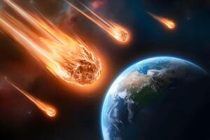 Stunning cosmic scene with meteorites and Earth like planet, surrounded by stars and nebulae photo