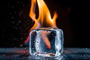 Melting ice cube on blue surface with water droplets shimmering photo