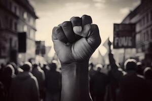 Symbol of unity and defiance, clenched fist in foreground, blurred protest backdrop photo