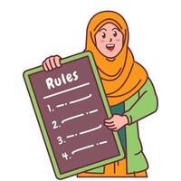 Cartoon illustration of a Muslim woman in a hijab explaining a list of rules vector