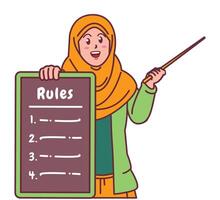 Cartoon illustration of a Muslim woman in a hijab explaining a list of rules vector