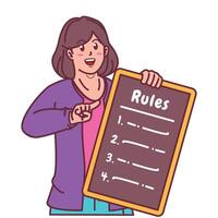 Cartoon illustration of a woman explaining a list of rules vector