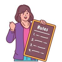 Cartoon illustration of a woman explaining a list of rules vector