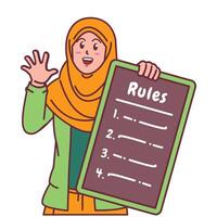 Cartoon illustration of a Muslim woman in a hijab explaining a list of rules vector