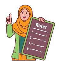 Cartoon illustration of a Muslim woman in a hijab explaining a list of rules vector