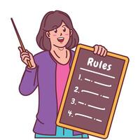 Cartoon illustration of a woman explaining a list of rules vector