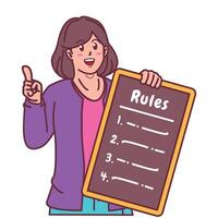 Cartoon illustration of a woman explaining a list of rules vector