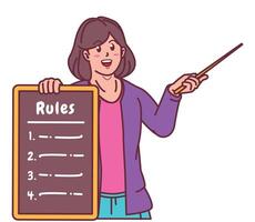 Cartoon illustration of a woman explaining a list of rules vector