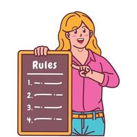 Cartoon illustration of a woman explaining a list of rules vector