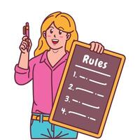 Cartoon illustration of a woman explaining a list of rules vector