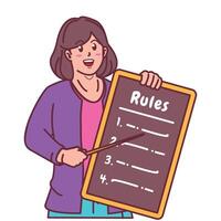 Cartoon illustration of a woman explaining a list of rules vector