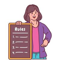 Cartoon illustration of a woman explaining a list of rules vector