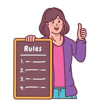 Cartoon illustration of a woman explaining a list of rules vector