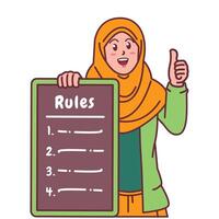 Cartoon illustration of a Muslim woman in a hijab explaining a list of rules vector