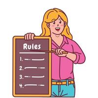 Cartoon illustration of a woman explaining a list of rules vector