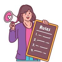 Cartoon illustration of a woman explaining a list of rules and holding a megaphone vector