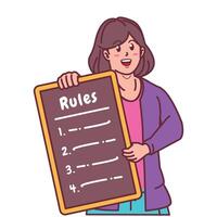 Cartoon illustration of a woman explaining a list of rules vector