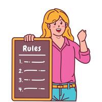 Cartoon illustration of a woman explaining a list of rules vector