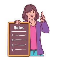 Cartoon illustration of a woman explaining a list of rules vector
