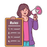 Cartoon illustration of a woman explaining a list of rules and holding a megaphone vector