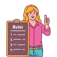 Cartoon illustration of a woman explaining a list of rules vector