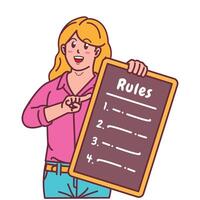 Cartoon illustration of a woman explaining a list of rules vector