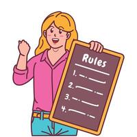 Cartoon illustration of a woman explaining a list of rules vector